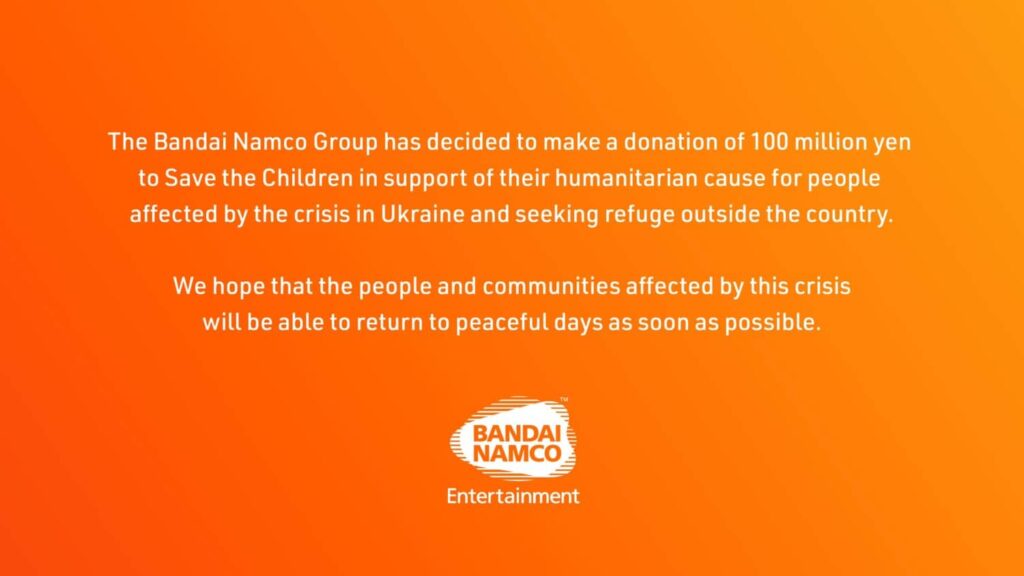 Bandai Namco – 100 Million Yen to support Humanitarian Efforts in Ukraine